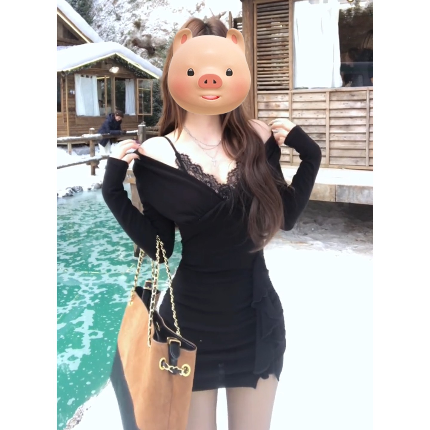 辣妹纯欲风蕾丝连衣裙女秋冬季假两件拼接设计收腰显瘦性感短裙