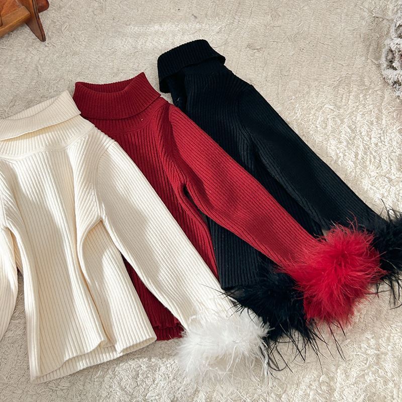 女童韩版洋气百搭高领纯色毛衣2026冬季新款毛袖口打底针织衫