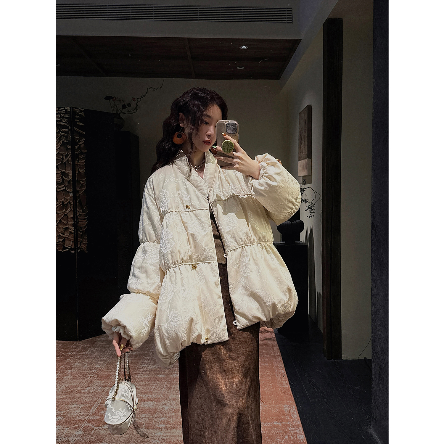 三吉黑花【楼外楼】新中式织金烂花苞羽绒服女款冬季短长款2025新