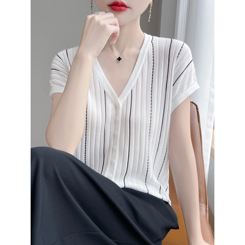 【莱赛尔天丝】短袖条纹针织职场新中式V领时尚常规T恤