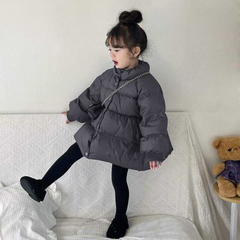 女童羽绒服小童立领2025新款女孩宝宝儿童中长款灰色加厚白鸭绒冬