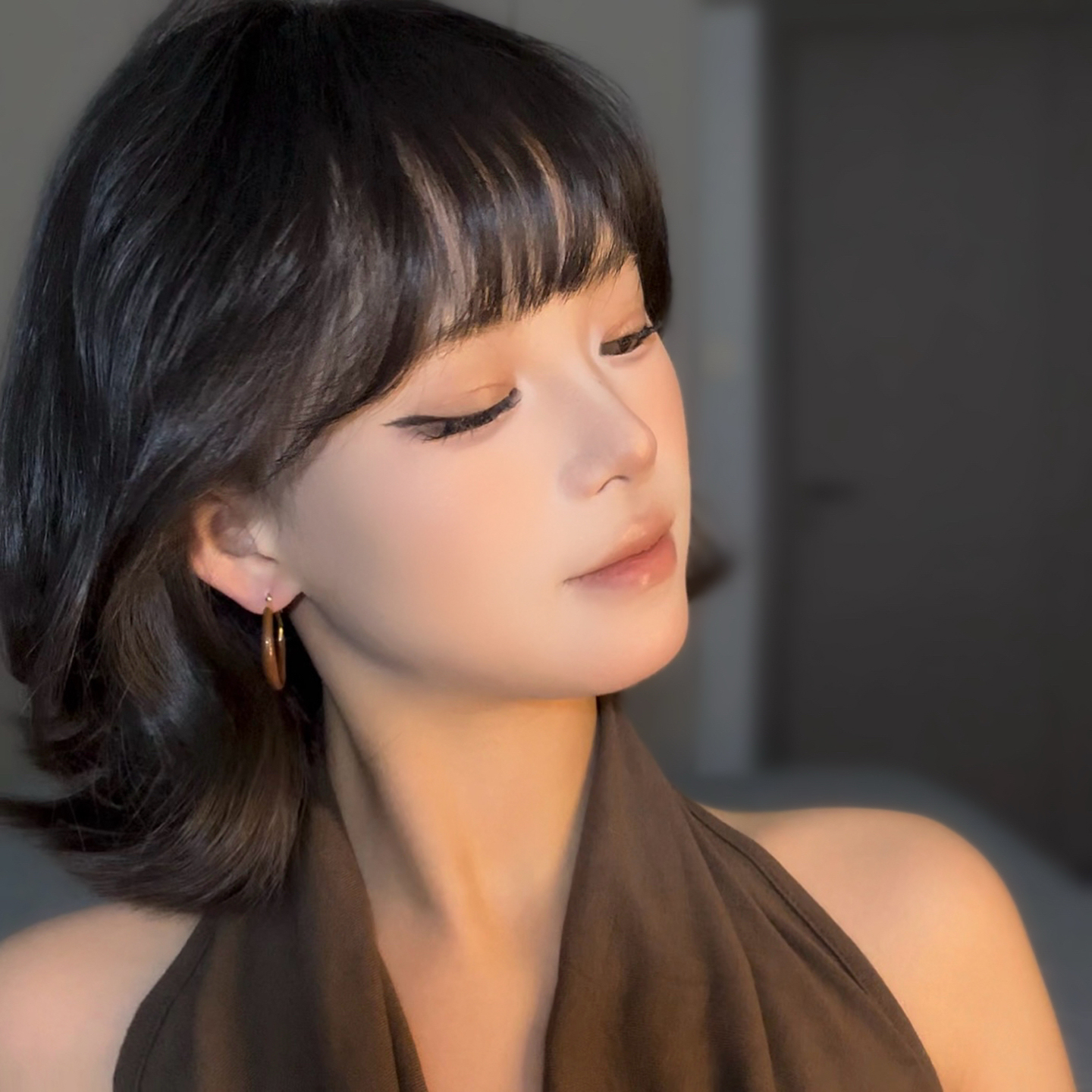 铜合金耳饰 复古美拉德咖色气质圆圈耳环简约百搭高级感耳圈