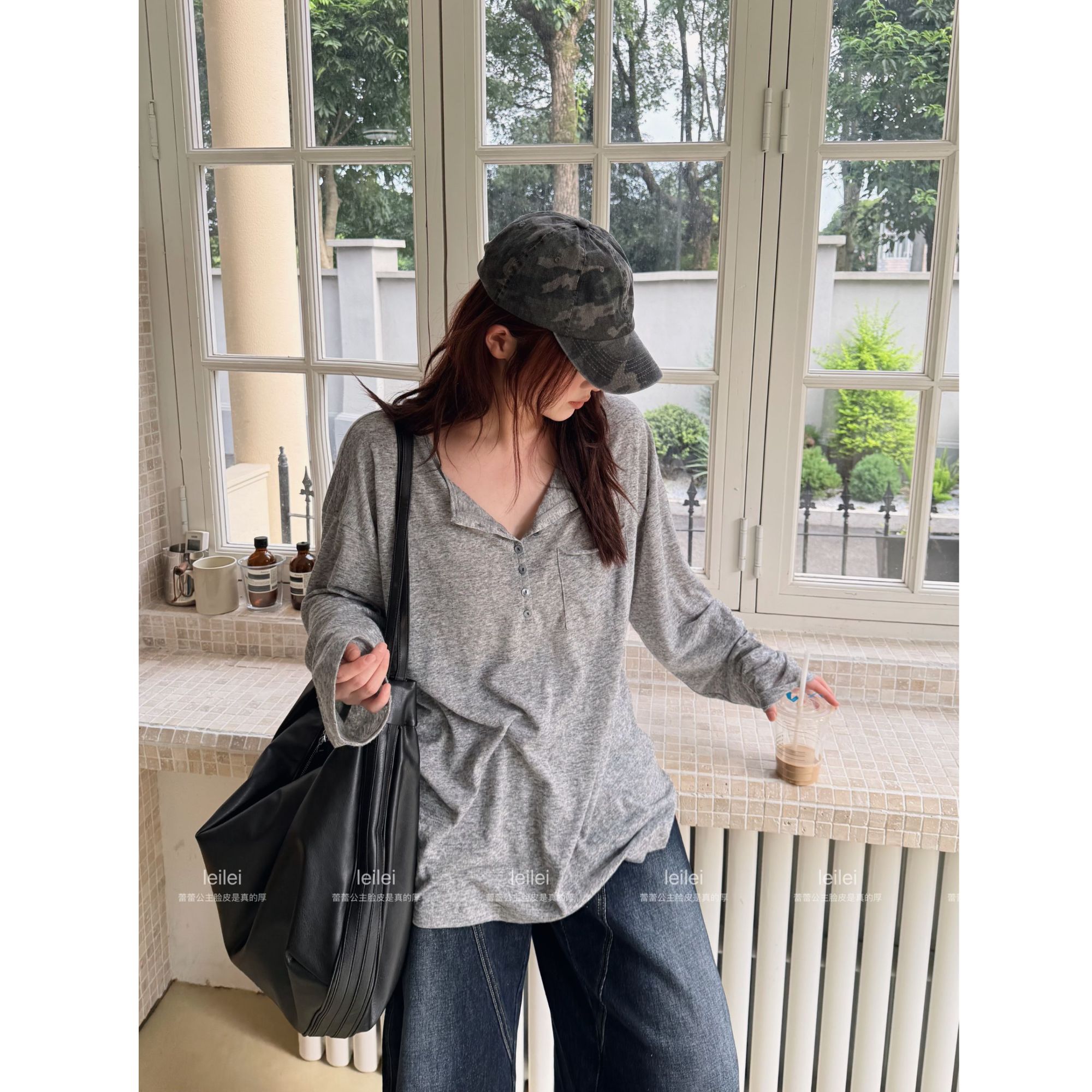 晶咕【舒适旋律】慵懒感轻薄圆领口袋长袖T恤上衣