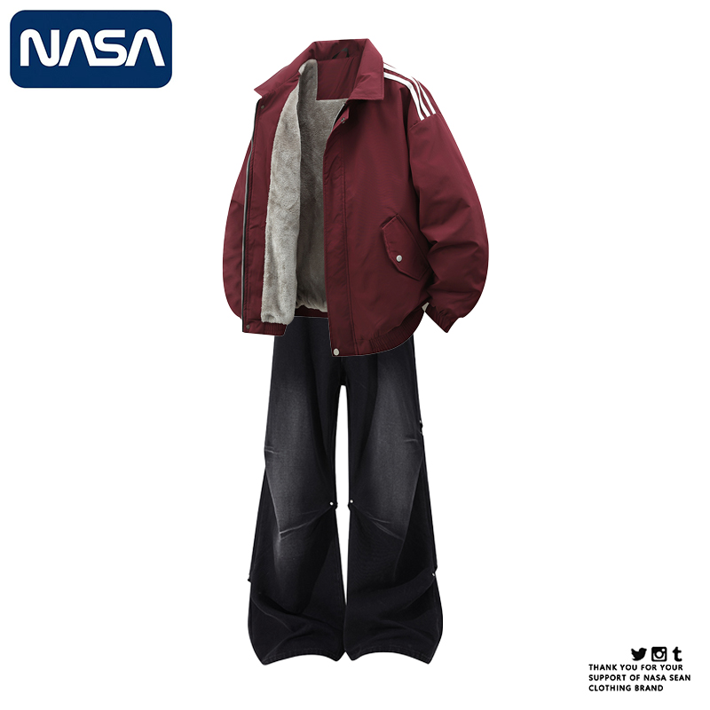 NASA男士加绒加厚夹克搭配牛仔裤套装秋冬设计感翻领三条杠棉衣潮
