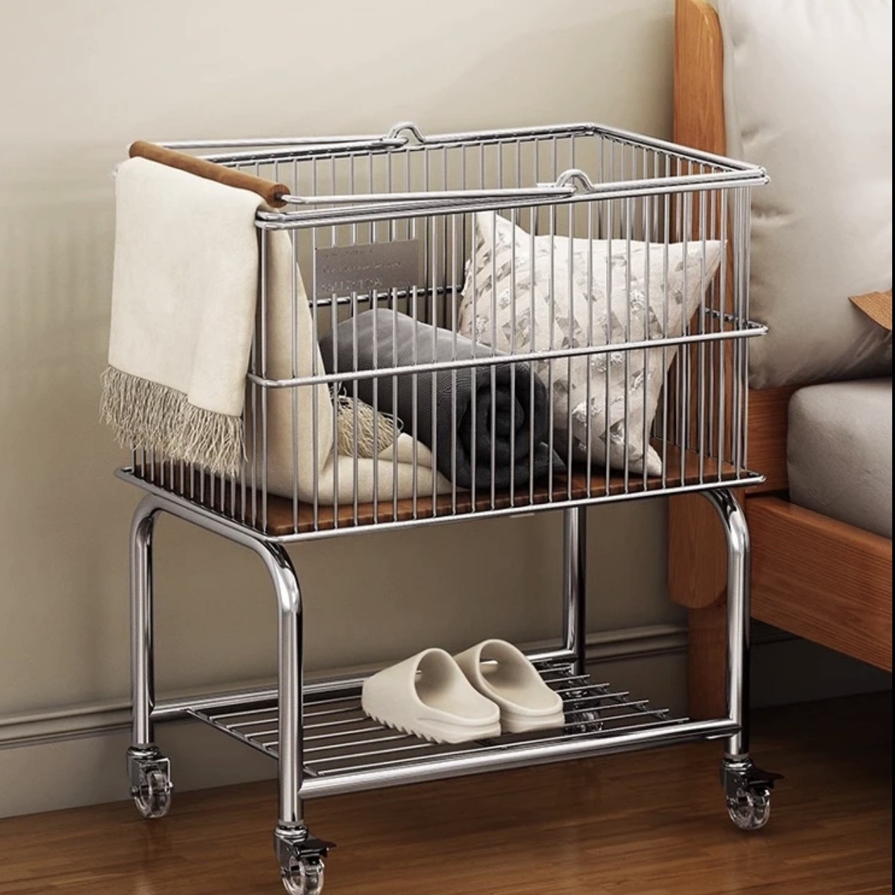 中古风收纳小推车置物架家用脏衣篮卫生间浴室衣服收纳筐洗衣篮子