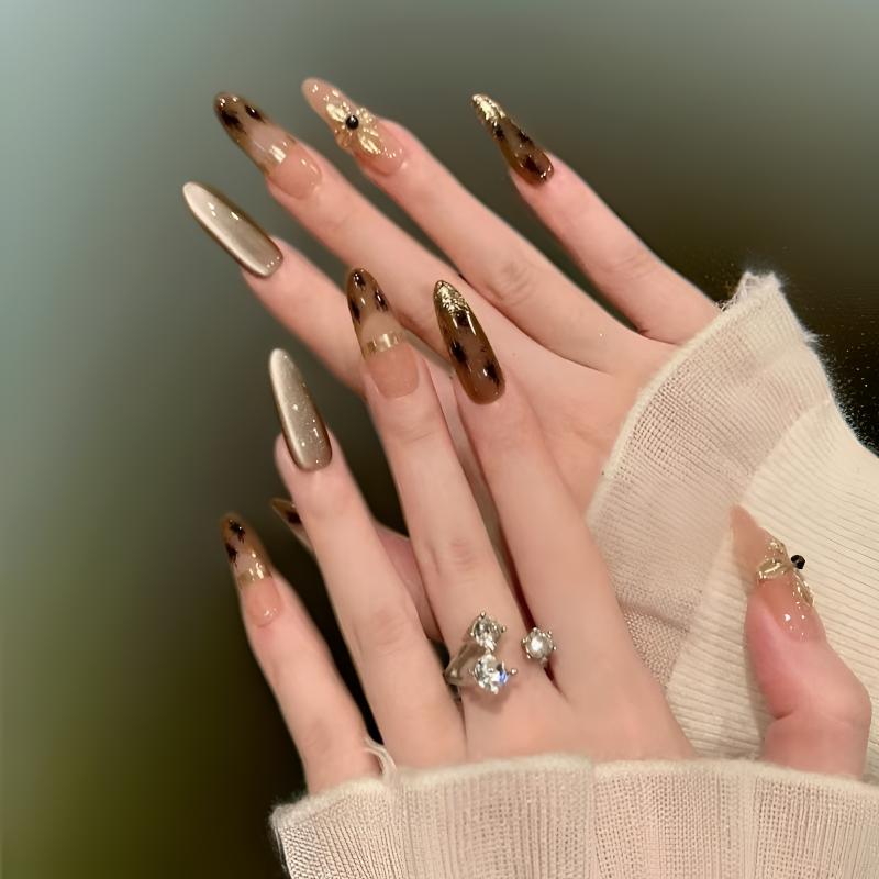 猫眼美甲手工穿戴甲豹纹气质猫眼法式琥珀立体甲片轻奢风甜酷美甲