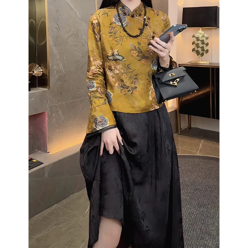 新中式斜襟盘扣提花上衣气质百搭修身显瘦高JI感