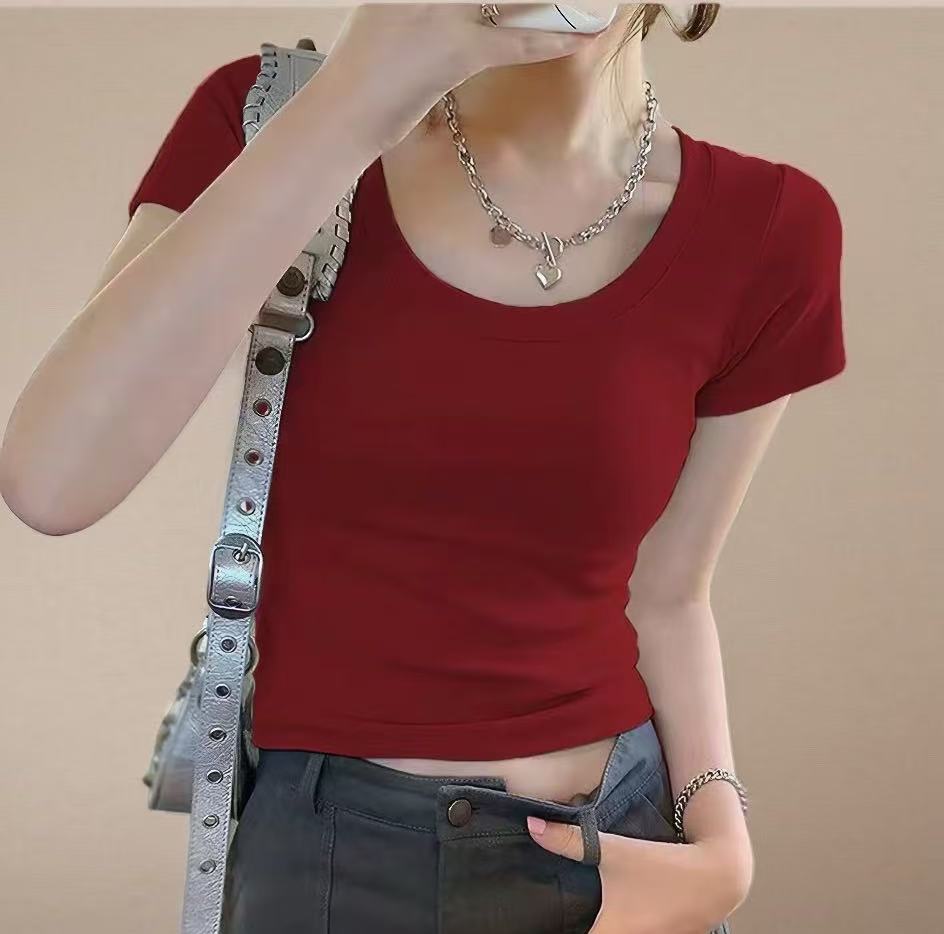 夏季U领拼接短袖修身型T恤女半袖打底衫纯色圆领百搭收腰显瘦上衣