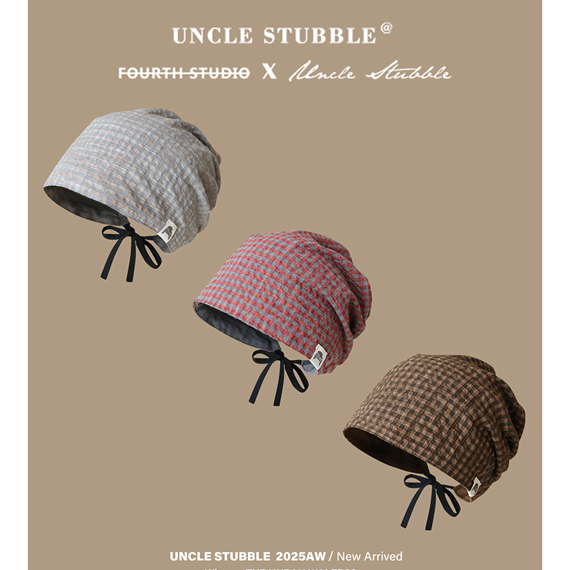 废土风复古格纹包头帽子美式辣妹头巾帽双层加厚堆堆帽套头冷帽女