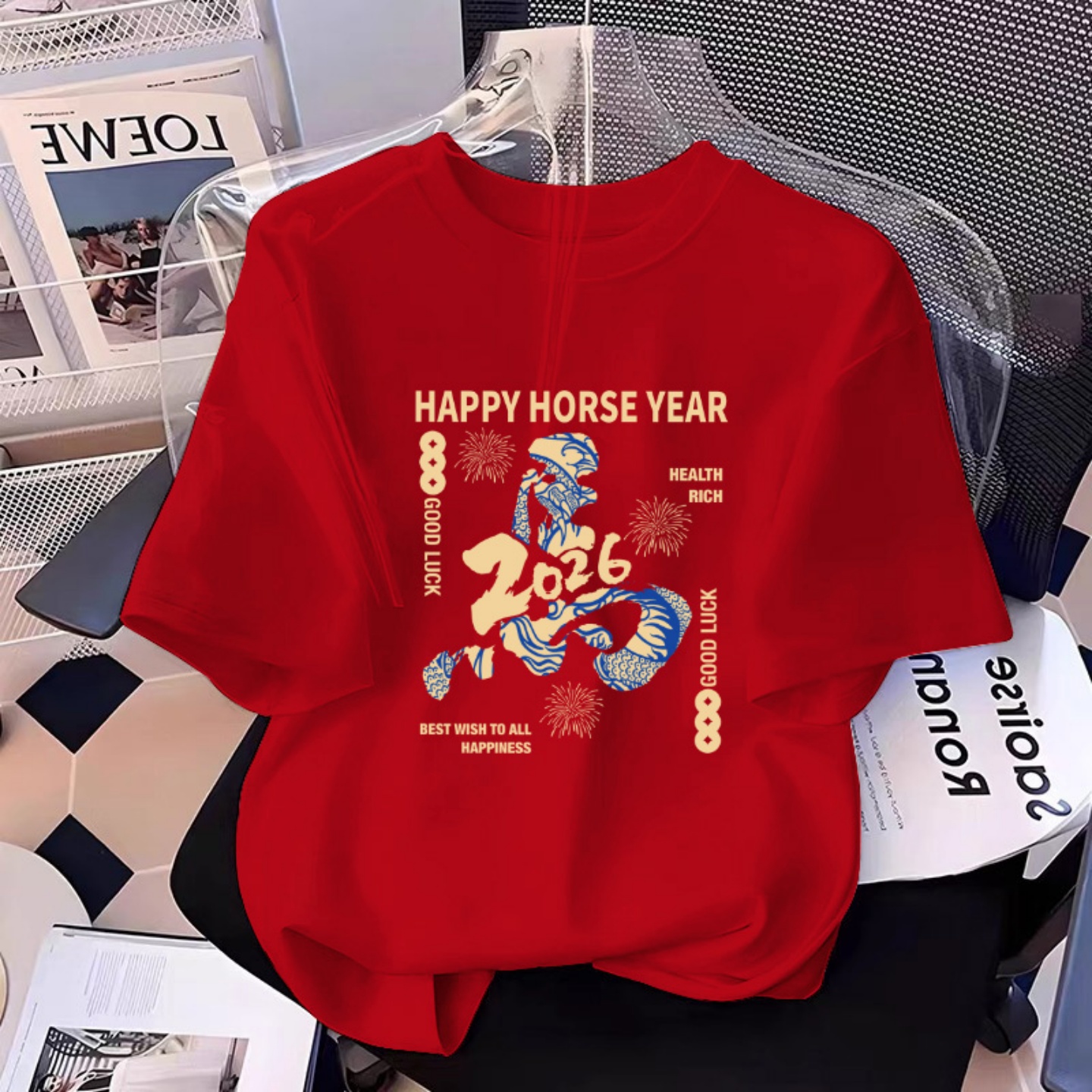 红色新年短袖t恤宽松百搭女2026新款马年本命年印花上衣不撞款ins