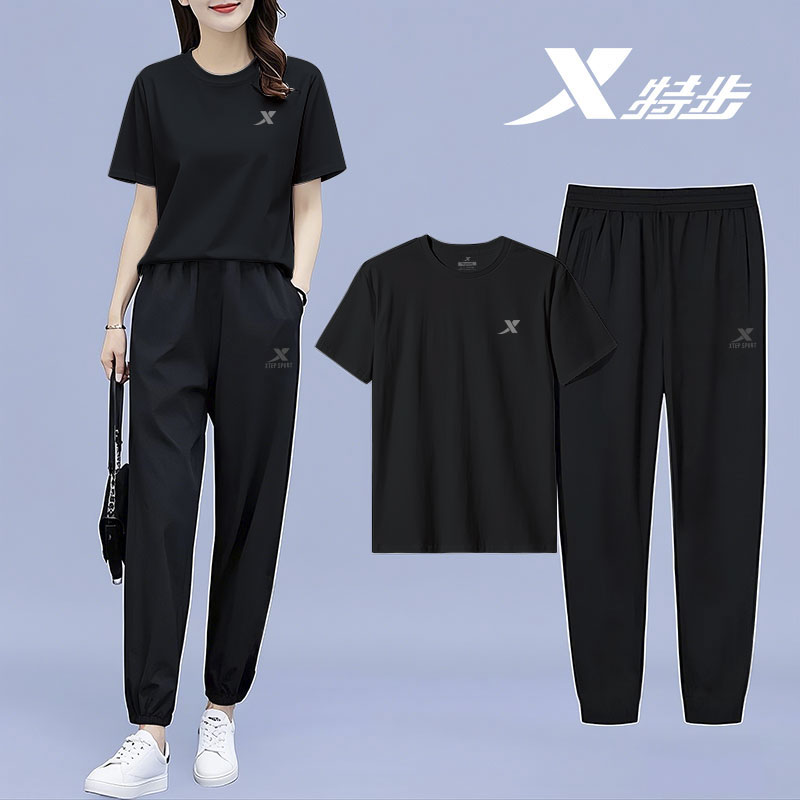 特步秋季运动套装女秋季新款透气速干百搭修身显瘦短袖长裤两件套