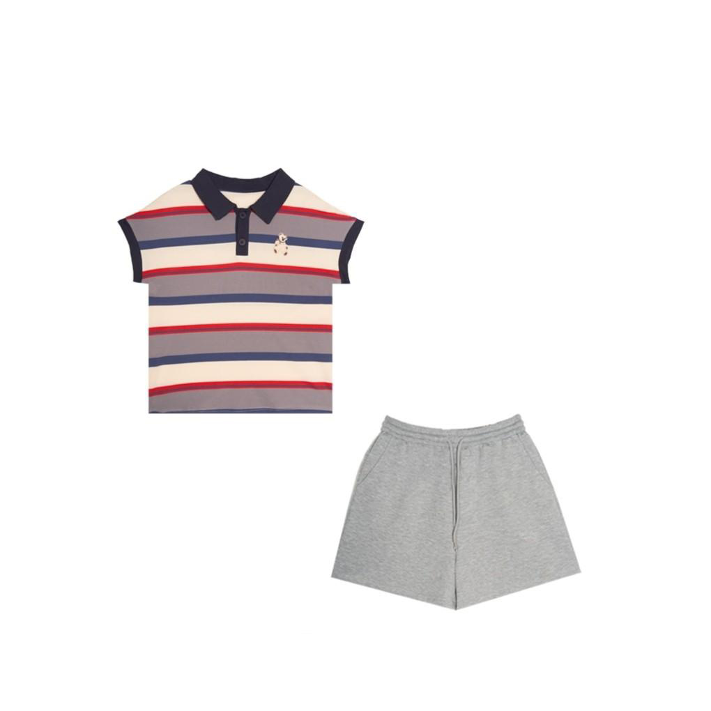 058『小熊条纹』2025夏季新款薄款POLO衫条纹显瘦休闲洋气裤子套装