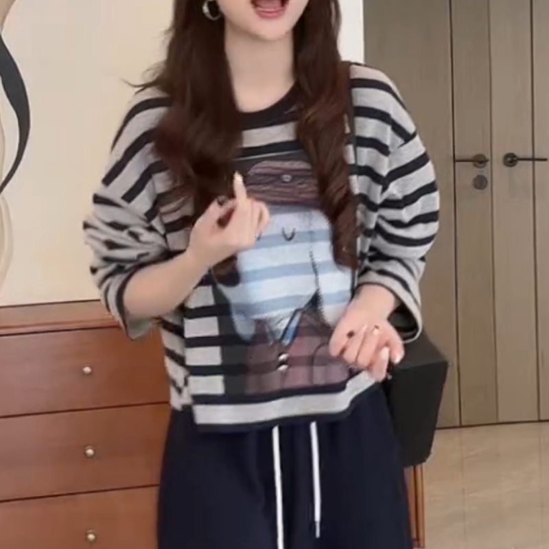 新款时尚减龄宽松慵懒风圆领打底衫条纹小狗T恤LK2506227