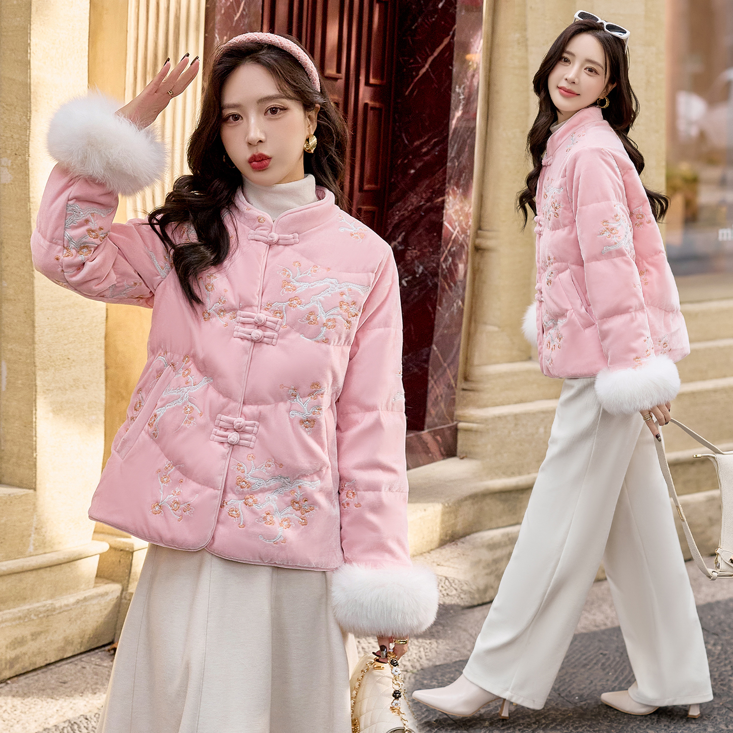 街头风刺绣立领厚款白鸭绒羽绒服外套2025秋冬新款保暖加绒冬装女