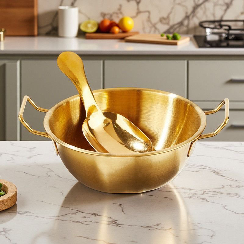 13cm不锈钢吃饭金色双耳碗超萌可爱金色+罐罐勺子家用沙拉碗