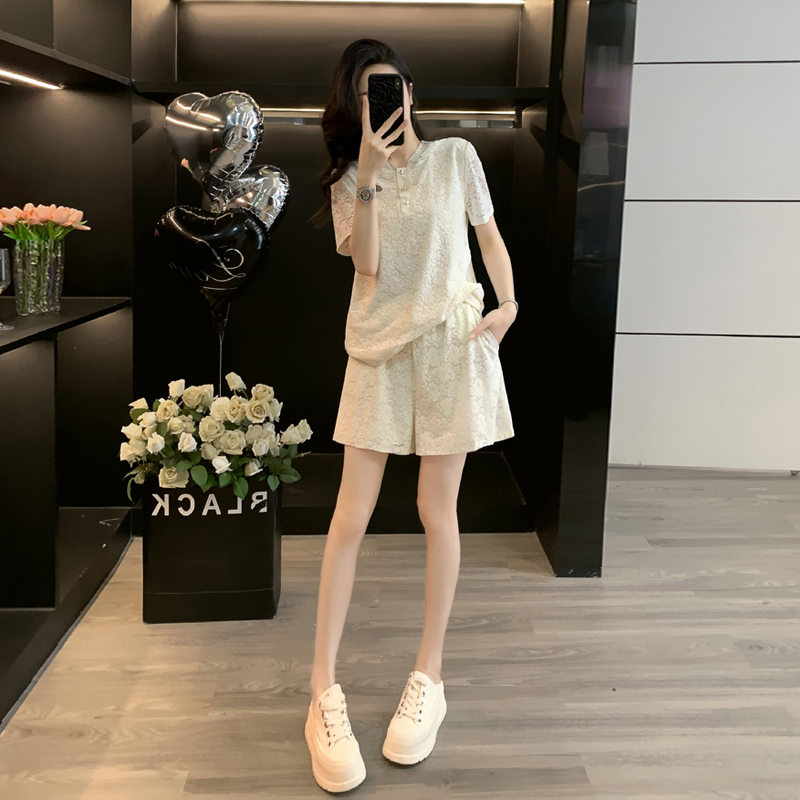 时尚减龄甜美风蕾丝短袖套装女夏季新款设计感连帽上衣短裤两件套