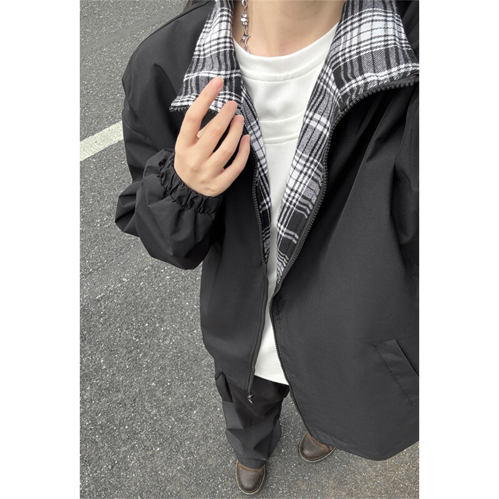 美式复古格子拼接夹克男春秋款痞帅高级感翻领撞色外套情侣棒球服