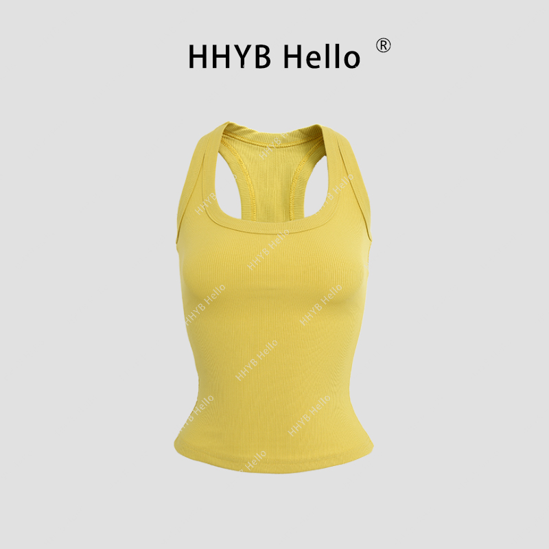 HHYB Hello2025春夏新款螺纹纯色方领螺纹挂脖背心吊带253008