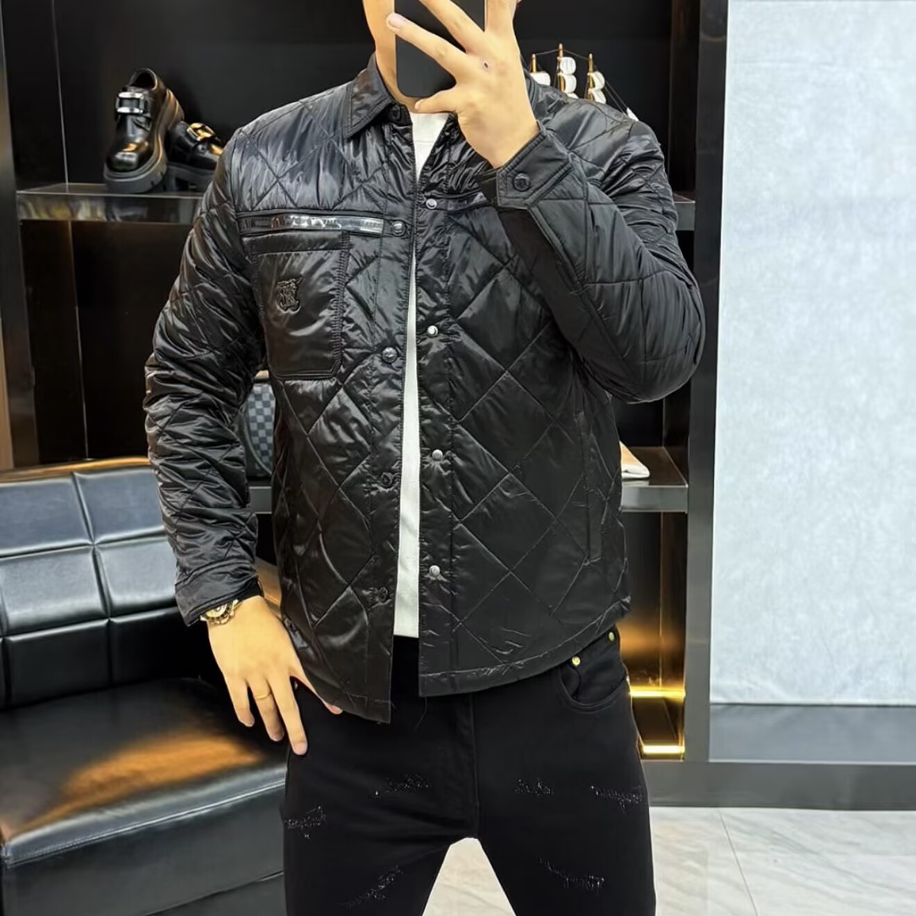 秋季男士轻奢休闲菱形格绗缝时尚百搭薄棉翻领夹克外套-9926