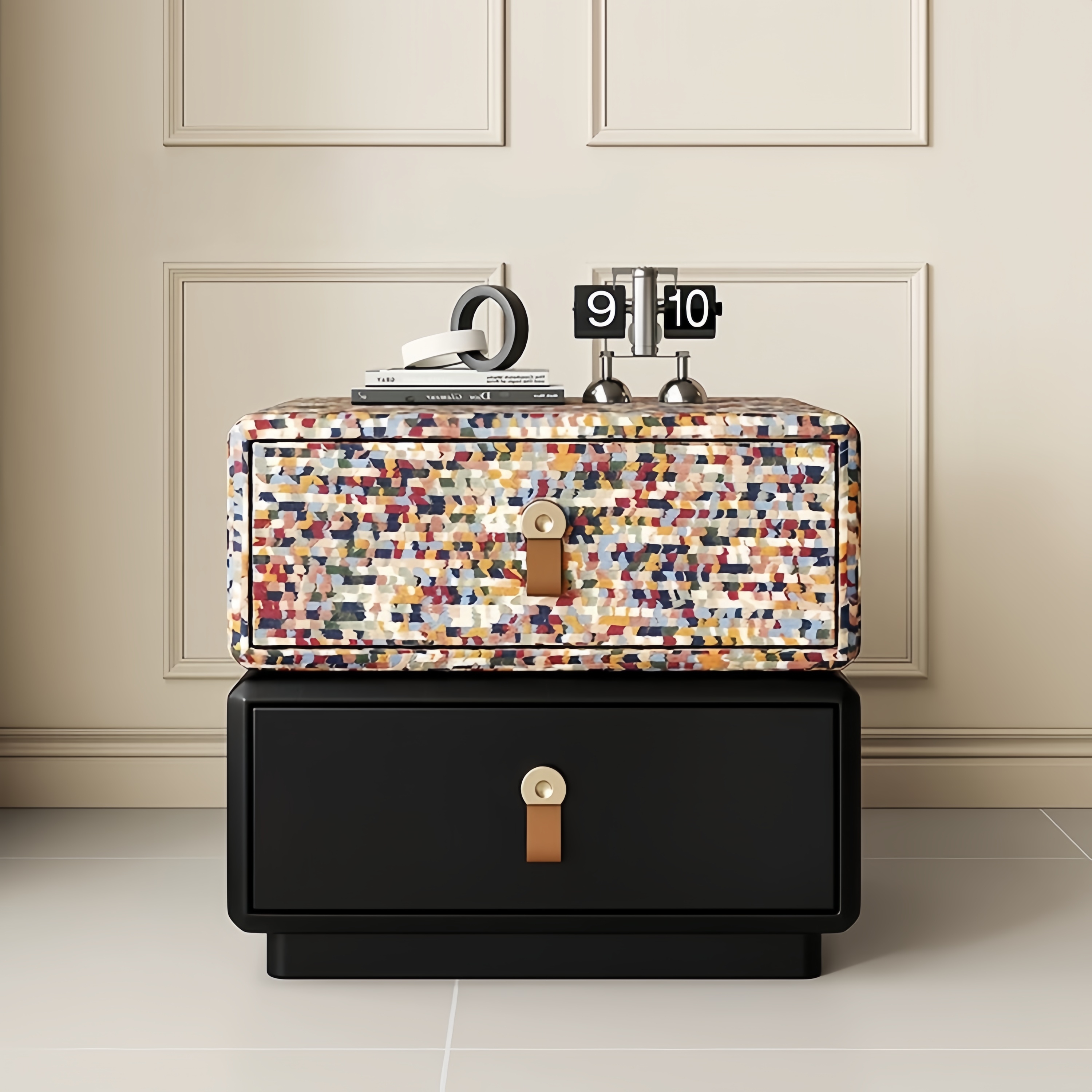 新款轻奢高级感意式极简皮质多巴胺马赛克实木儿童床头柜家用卧室