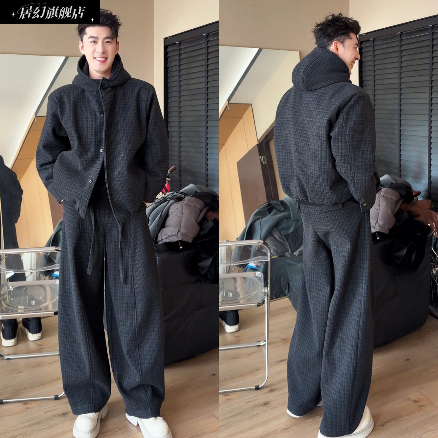 居幻格子两件套高级感休闲套装冬季上新男士时尚重磅连帽外套长裤