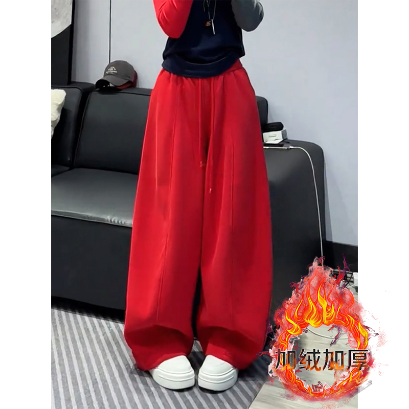 新潮牌红色女款加绒直筒阔腿裤2025秋冬季新款显瘦宽松运动休闲裤