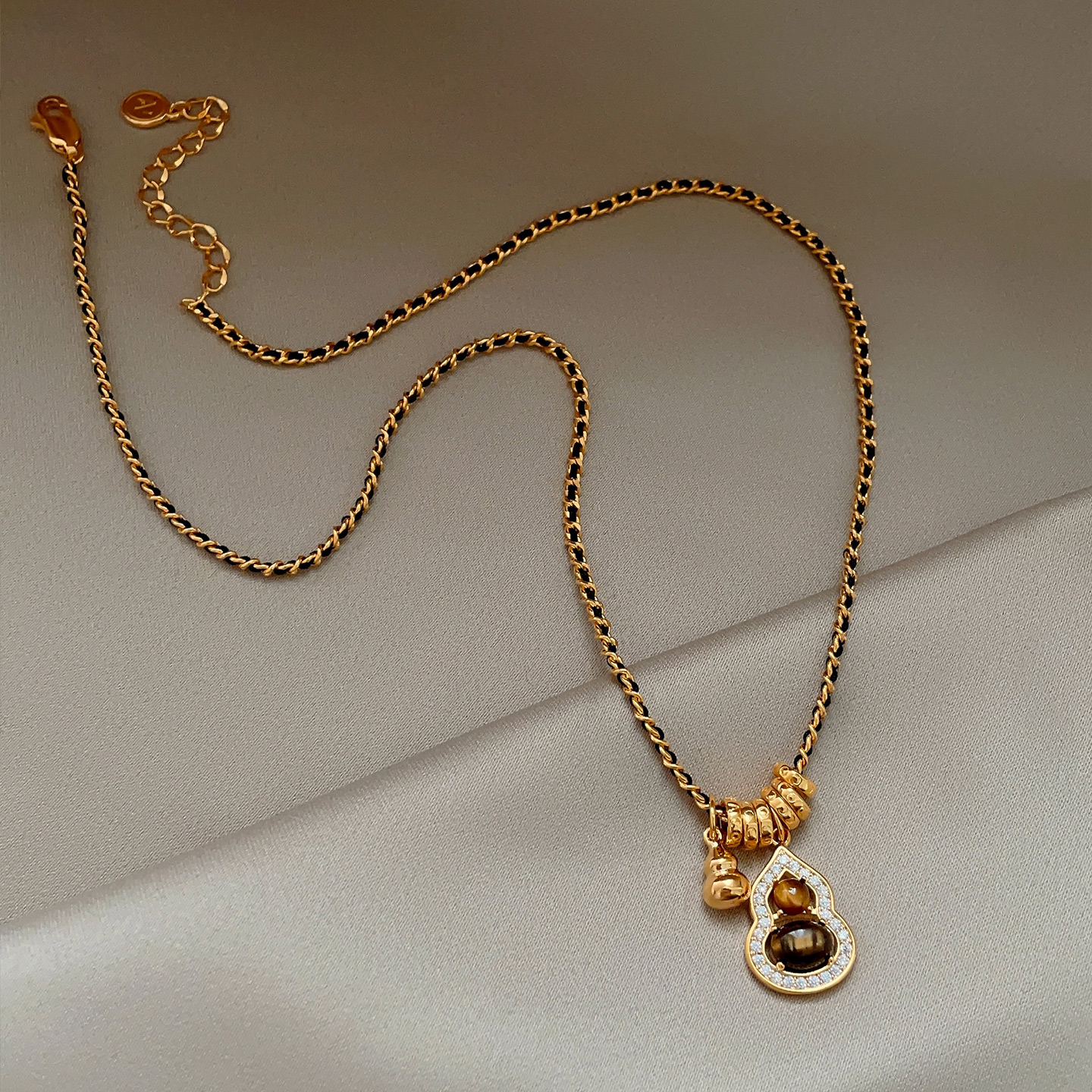 铜合金项链 虎眼石葫芦转珠项链女秋冬美拉德福禄好运毛衣链配饰