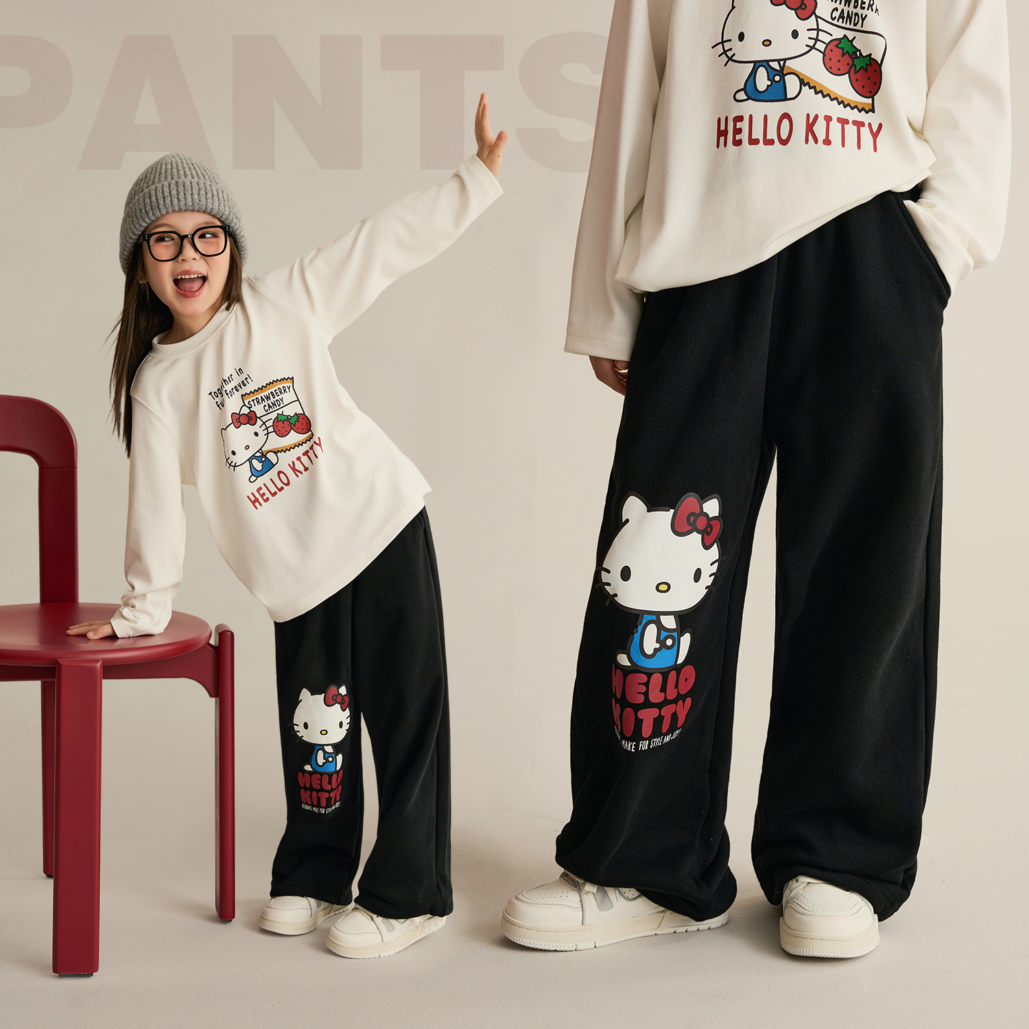 辰辰妈【跳跳喵】儿童秋装撞色阔腿裤女童kitty猫休闲卫裤8520DH