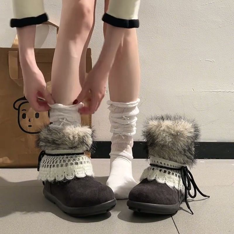 复古费尔岛毛毛雪地靴女2025新款冬季加绒加厚保暖厚底短筒棉靴子