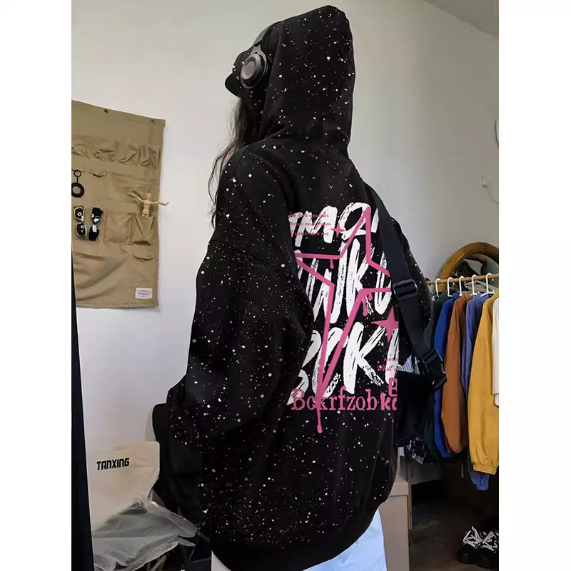 300斤加肥大码美式超酷vibe风满天星连帽卫衣男女秋冬宽松情侣装