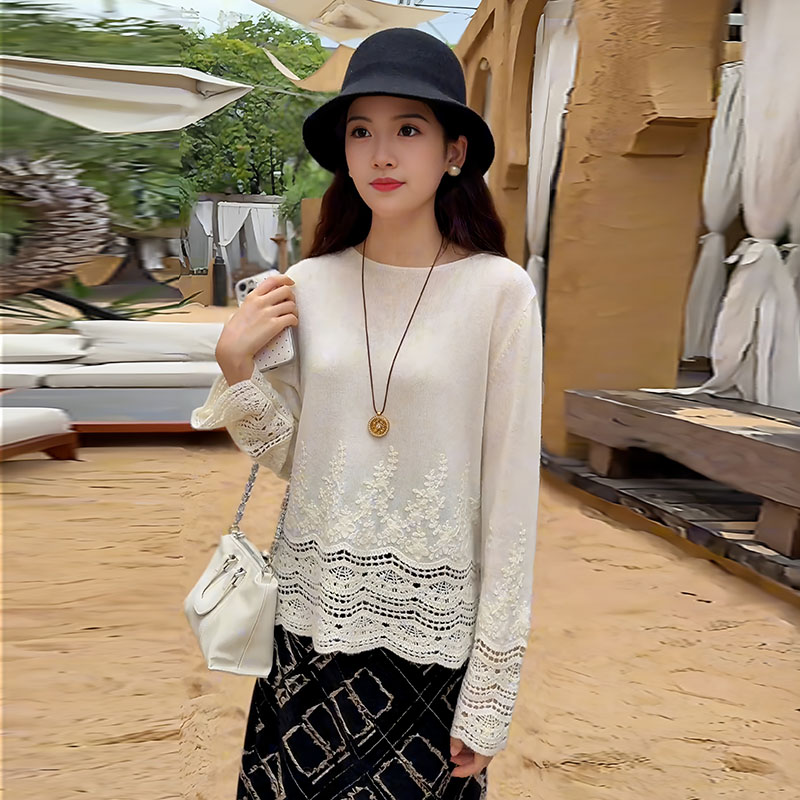 大码镂空重工蕾丝刺绣针织衫女秋冬微胖mm显瘦内搭长袖打底衫上衣