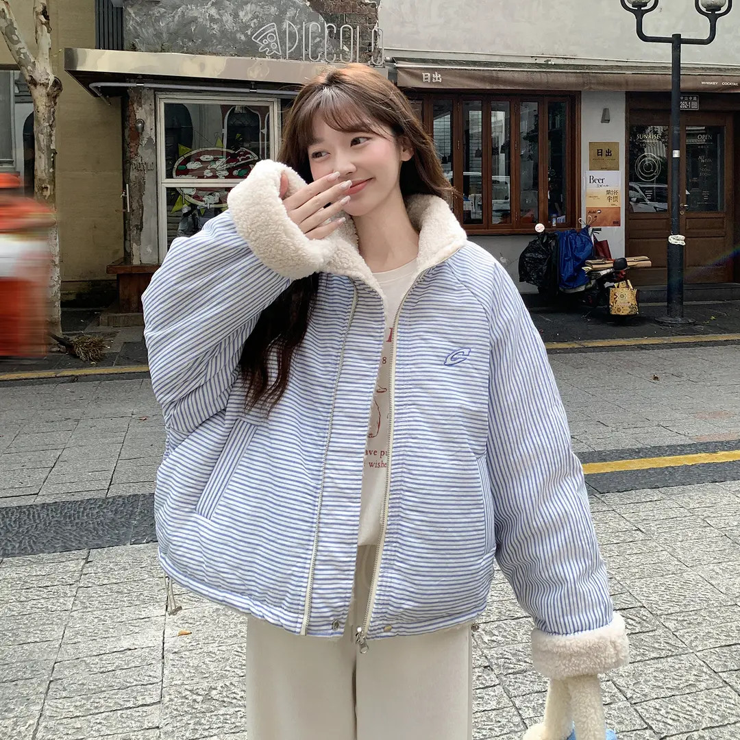 条纹棉服女短款正反两面穿新款时尚洋气棉衣外套加厚保暖棉袄女装