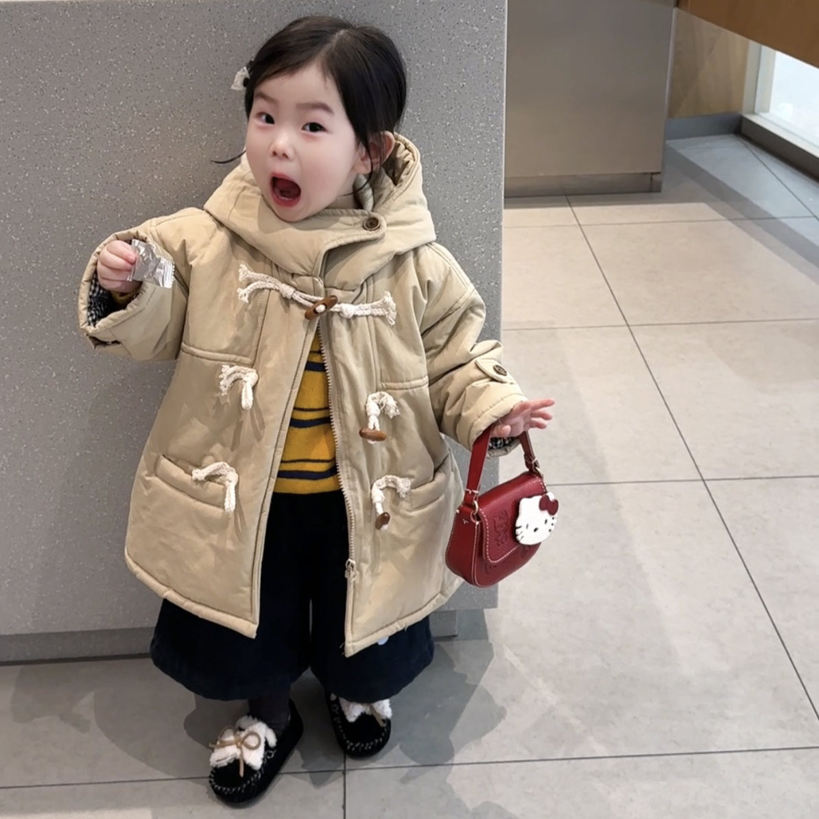 儿童棉服男女童冬季加厚牛角扣连帽中长款大衣宝宝休闲棉衣外套潮