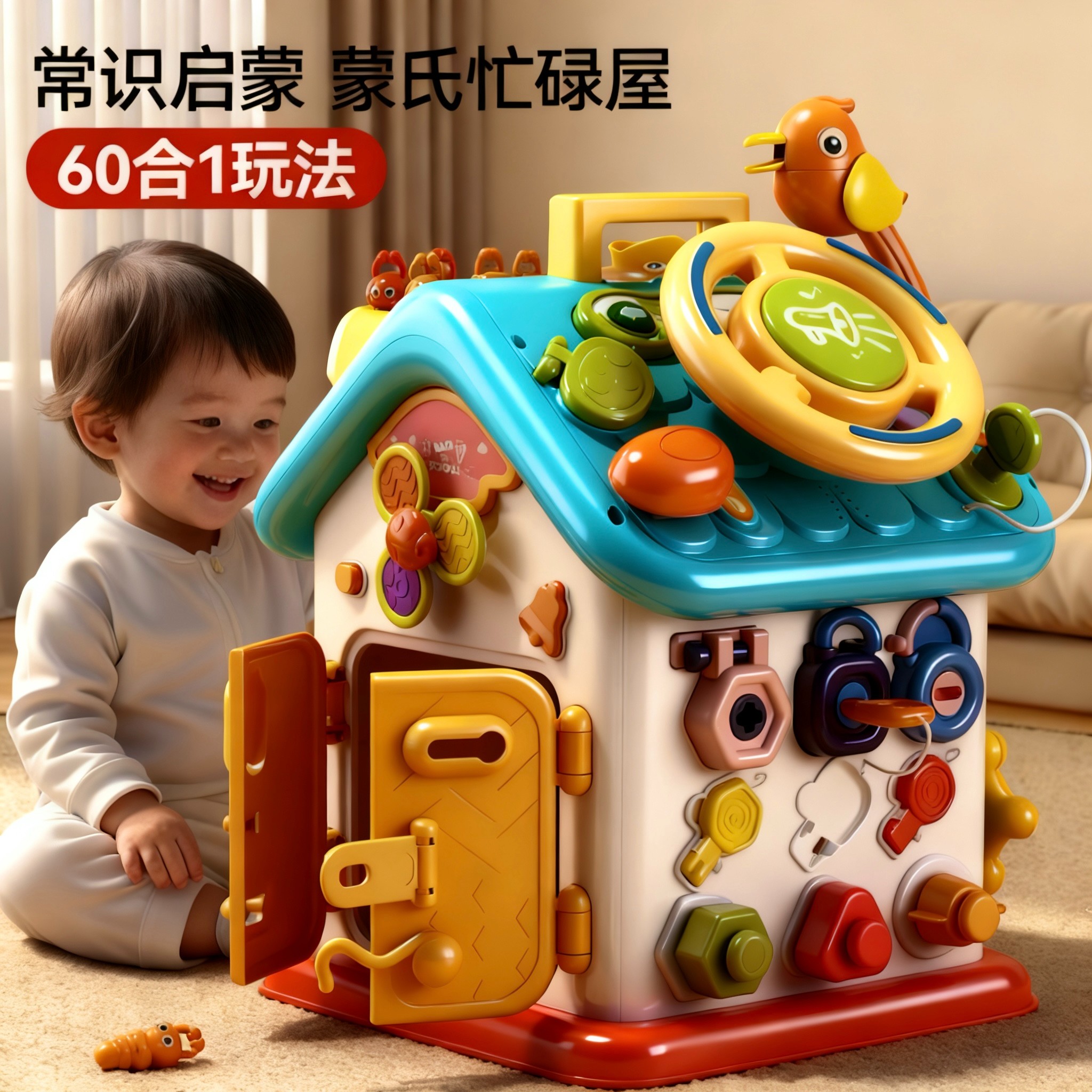 婴儿六面体玩具1一2岁宝宝益智早教因果关系蒙氏忙碌屋形状配对盒