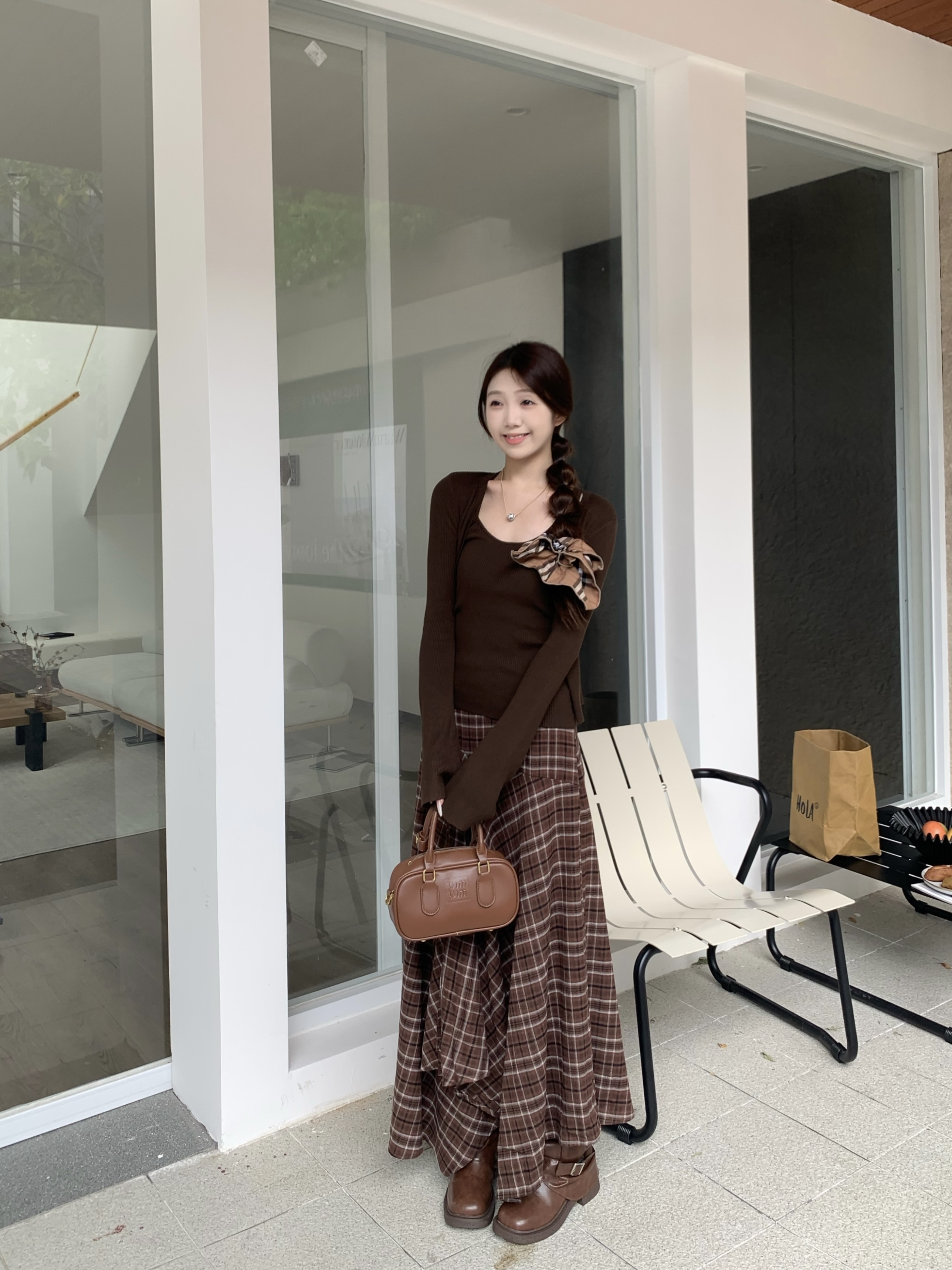 【捣蛋小琳专属】秋季2025新款咖色套装格子半身长裙针织衫背心