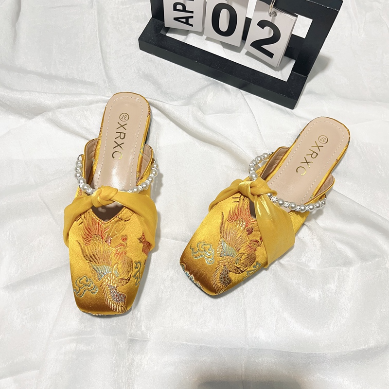 国风龙凤刺绣新中式珍珠包头半拖鞋女2025春夏新款方头外穿穆勒鞋
