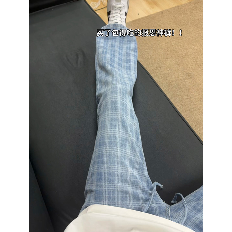 格子牛仔裤男夏季薄款美式复古潮流阔腿裤高级感痞帅宽松直筒裤子