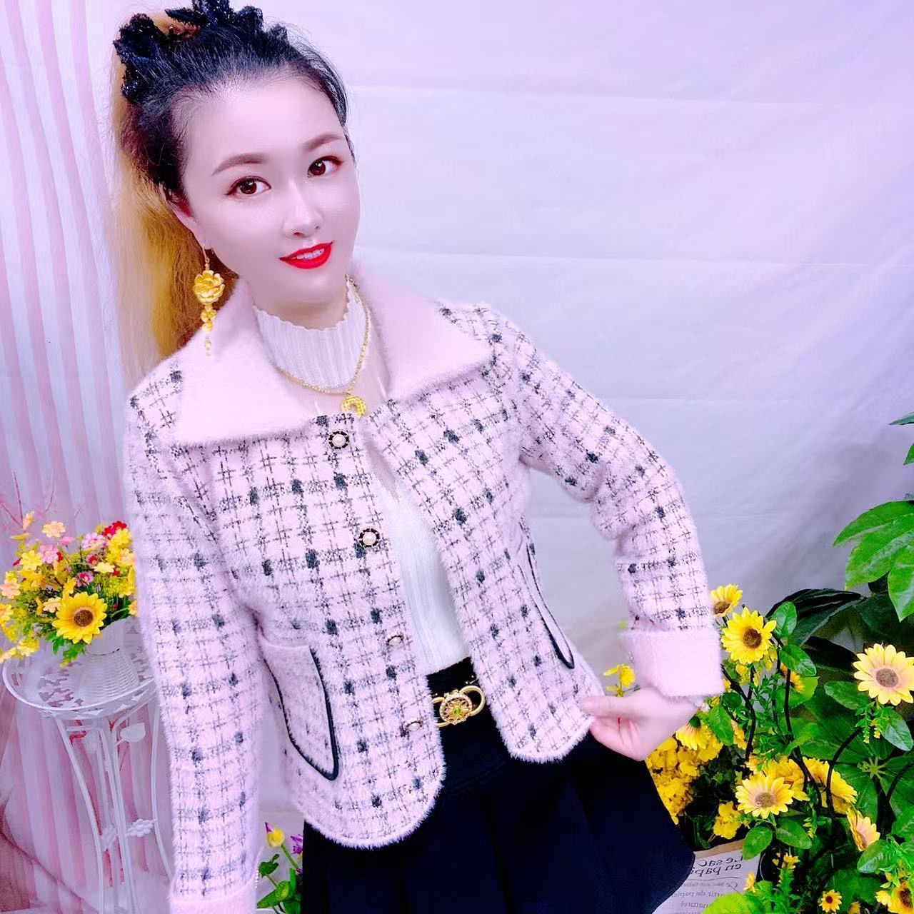法式格子毛针织衫针织冬季开衫款小香风秋季休闲风