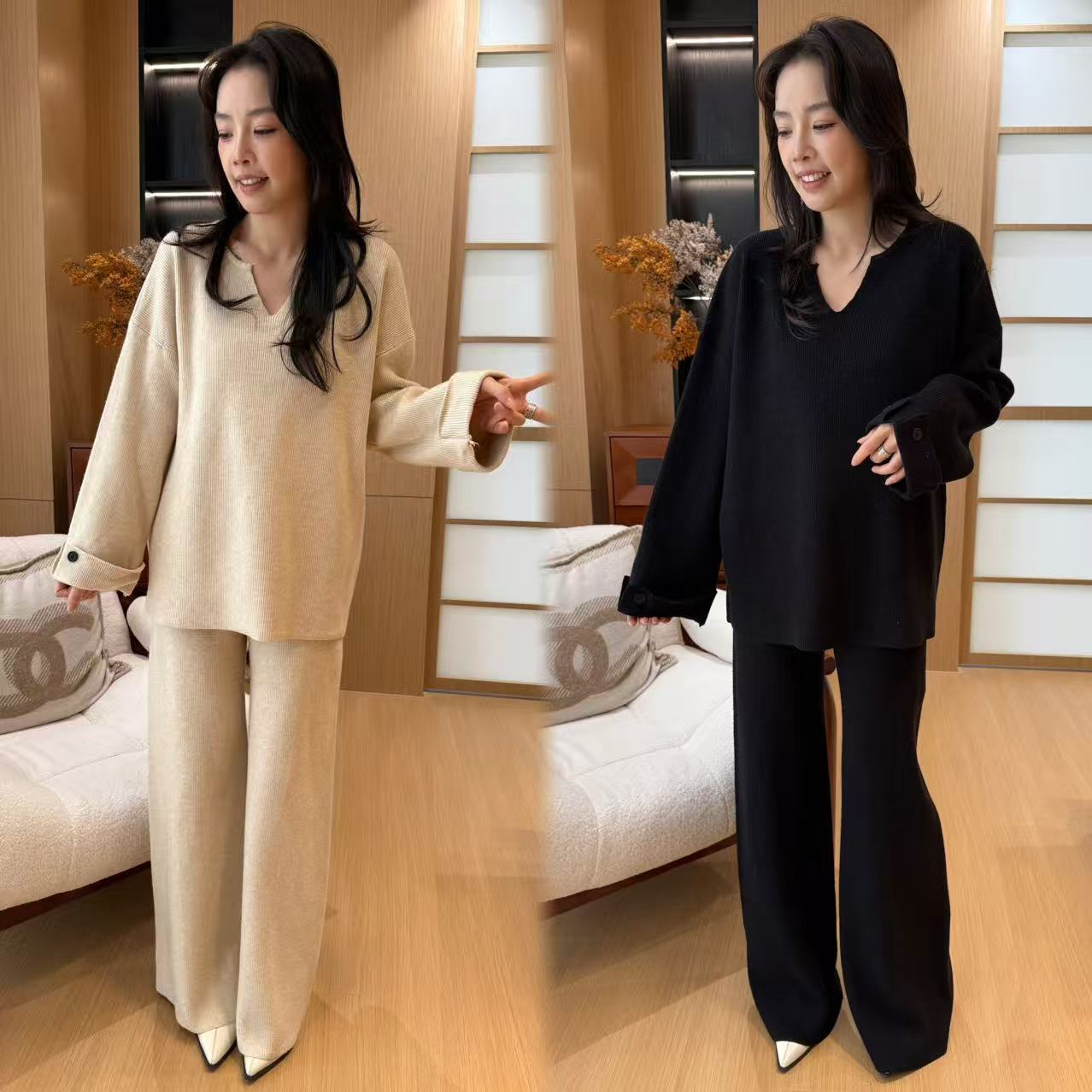 二姐的宝藏秋冬小V领长袖针织直筒裤休闲老钱风套装#25524