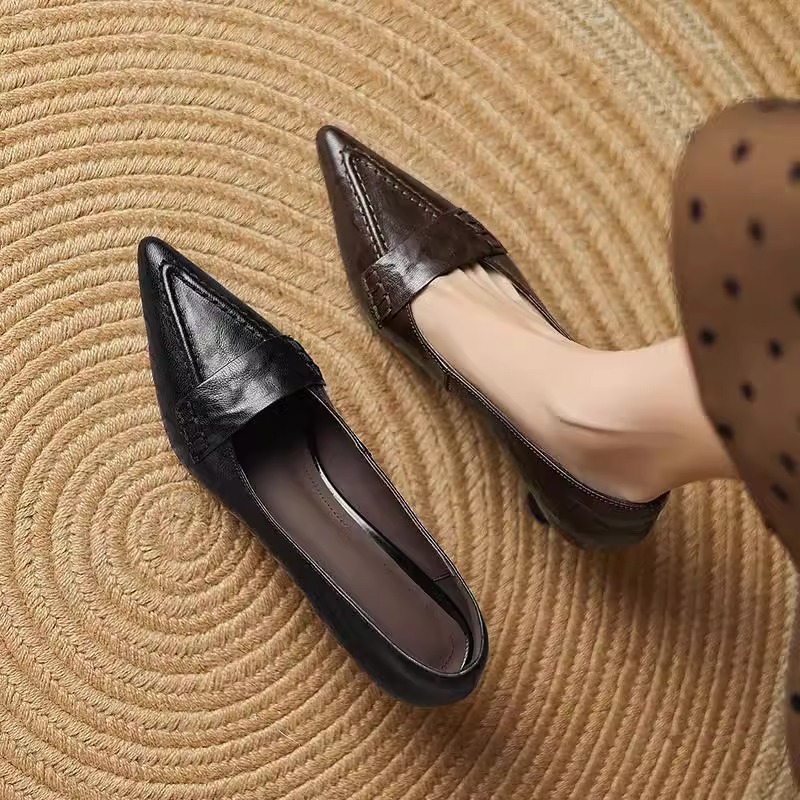 香港1:1开模真皮尖头浅口细跟其实高跟鞋女春秋新款百搭爆款女鞋