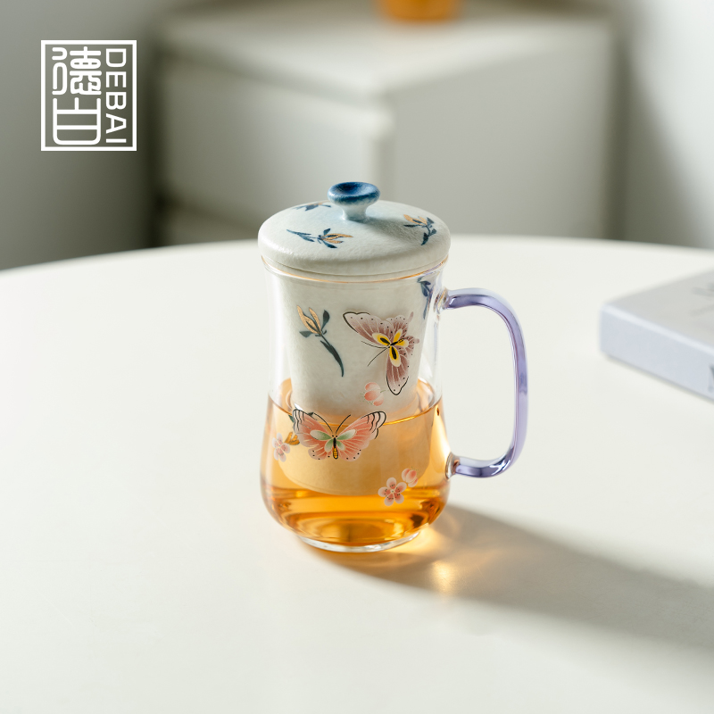 德白简约马克杯高硼硅玻璃岩矿白纯手绘蝴蝶兰高腰带把水杯泡茶杯