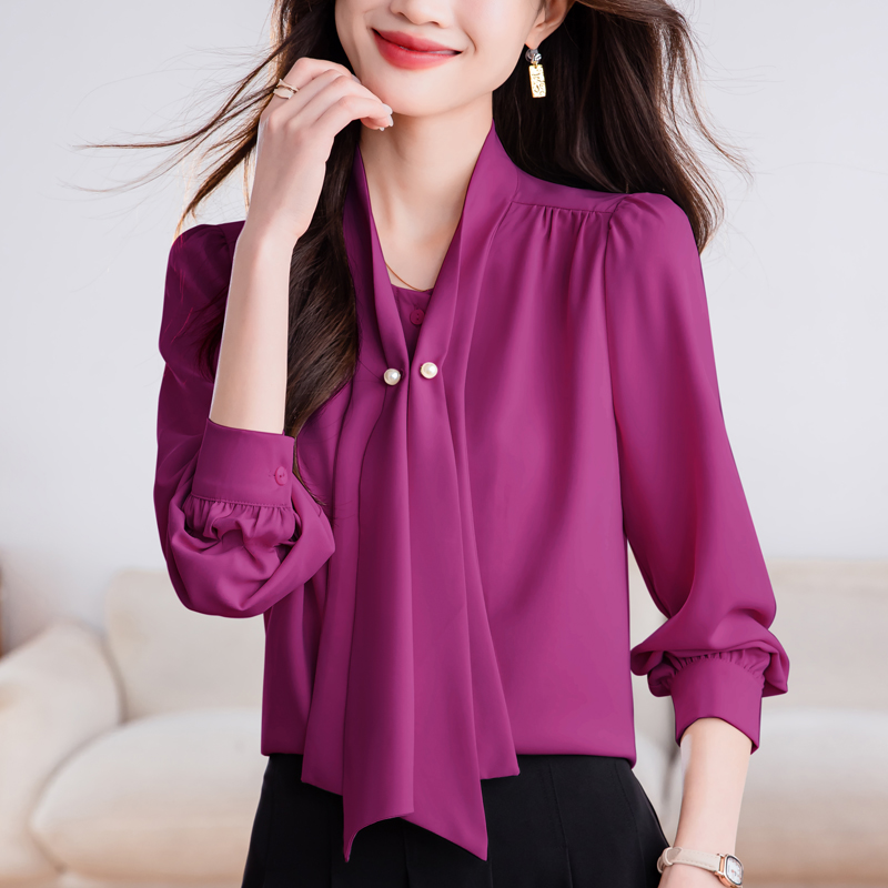 小众气质秋季百搭珍珠扣飘带衬衫法式时尚设计感纯色轻奢长袖上衣