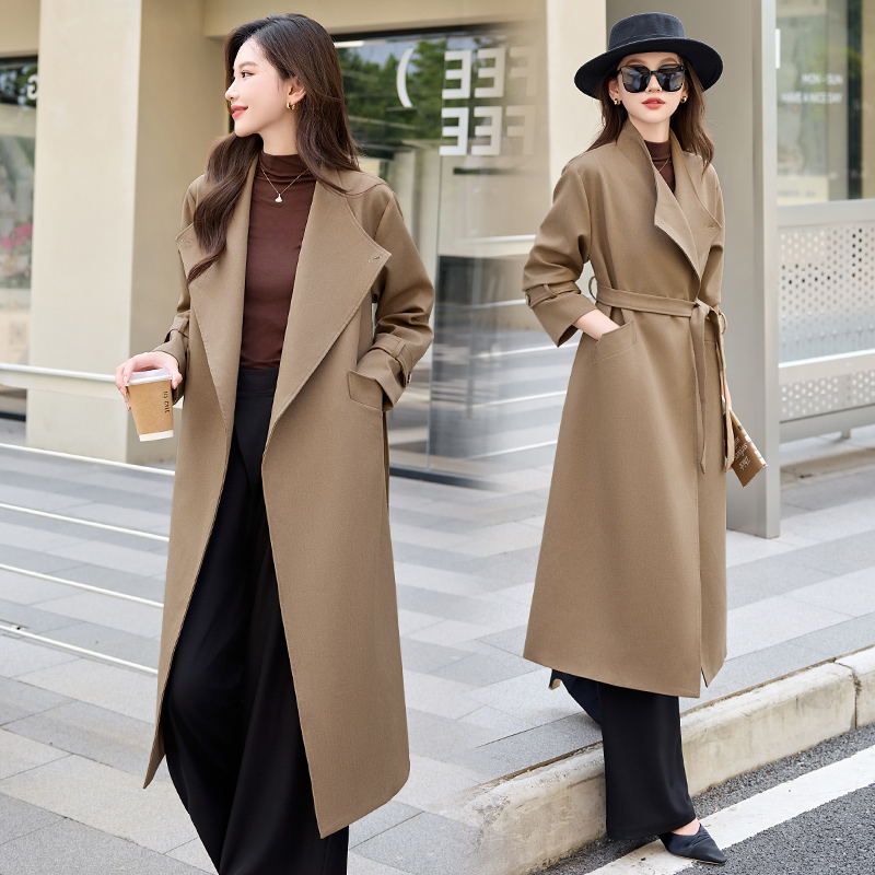 时尚中长款女长款女士西服领2025秋季新款风衣过膝大衣秋冬季外套