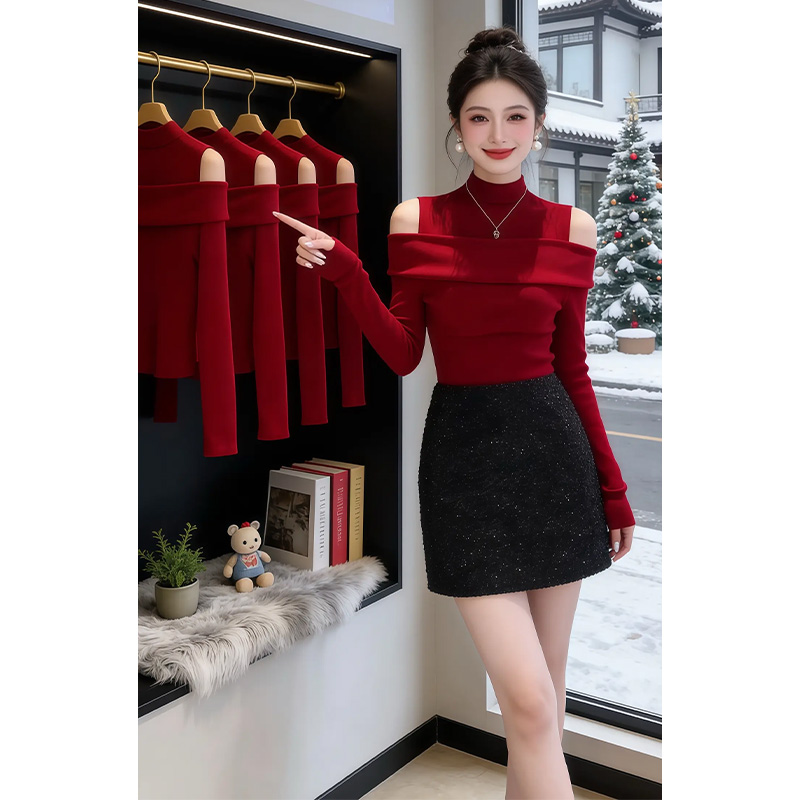 红色假两件一字肩高领长袖针织衫女秋冬显瘦气质名媛上衣两件套裙