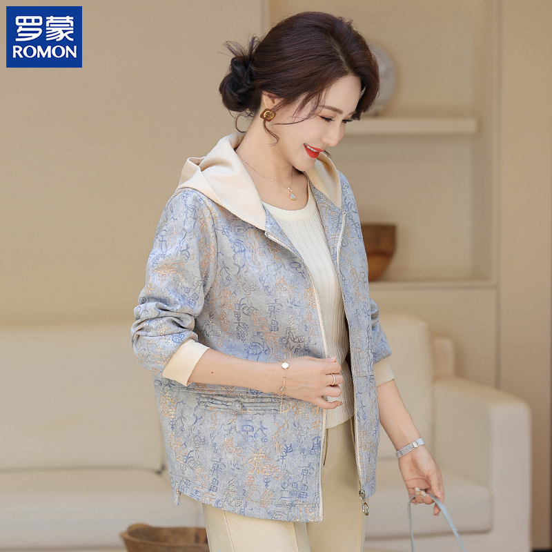 罗蒙品牌妈妈秋装连帽外套2025新款花色上衣中老年女装印花夹克衫