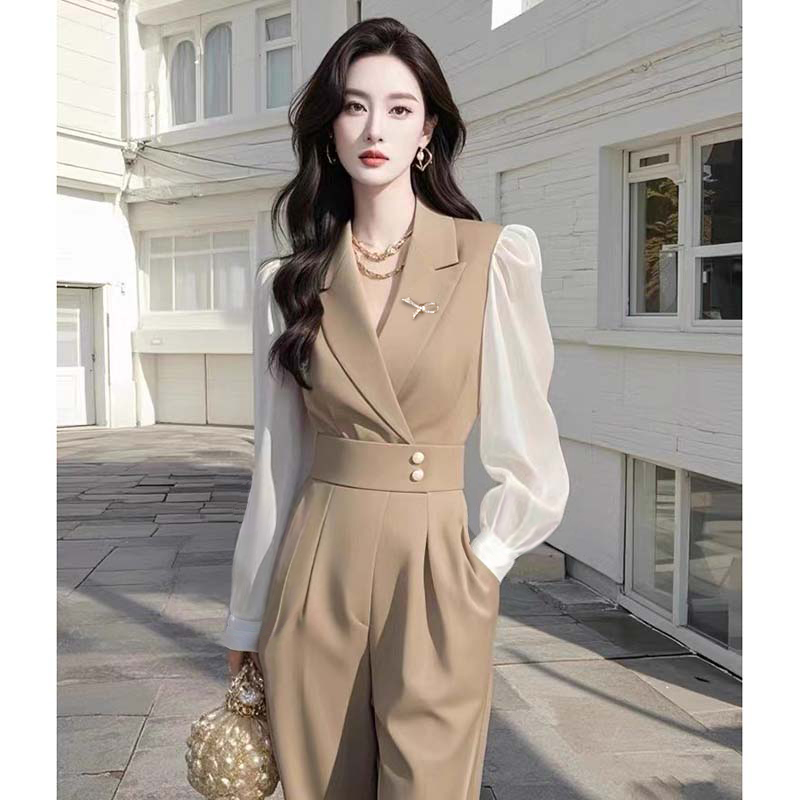 【刘伊朵】连体裤2025春秋新款气质女神范西装领连衣阔腿裤LJ0017