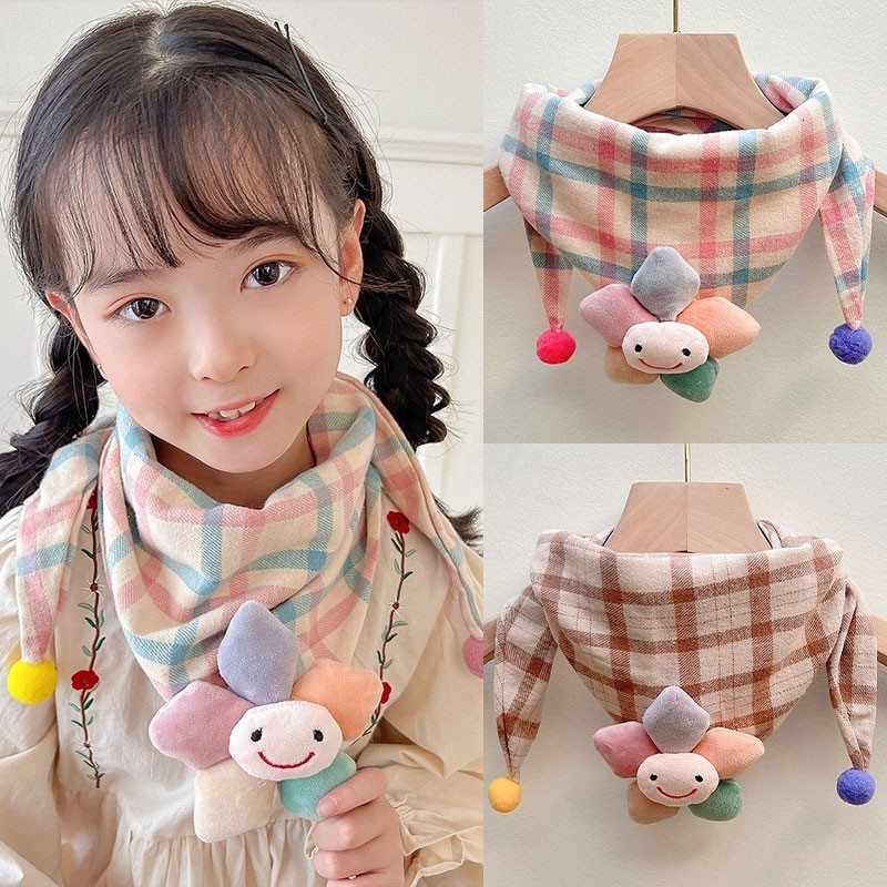 双层儿童秋冬季三角巾围巾围脖保暖脖套加厚幼儿学生格子纯婴儿棉