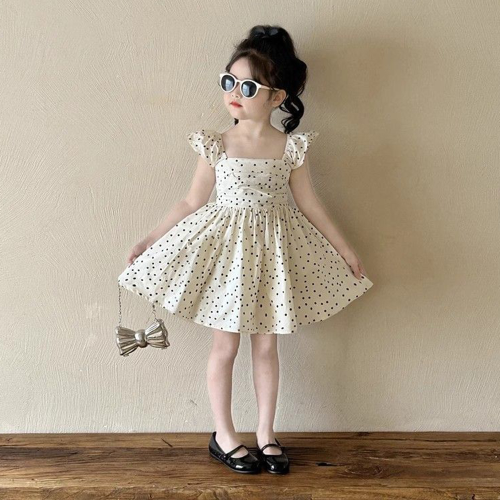 MK&UR.BV韩版女童2025夏季新款米白色波点小飞袖露背裙子中小童蓬
