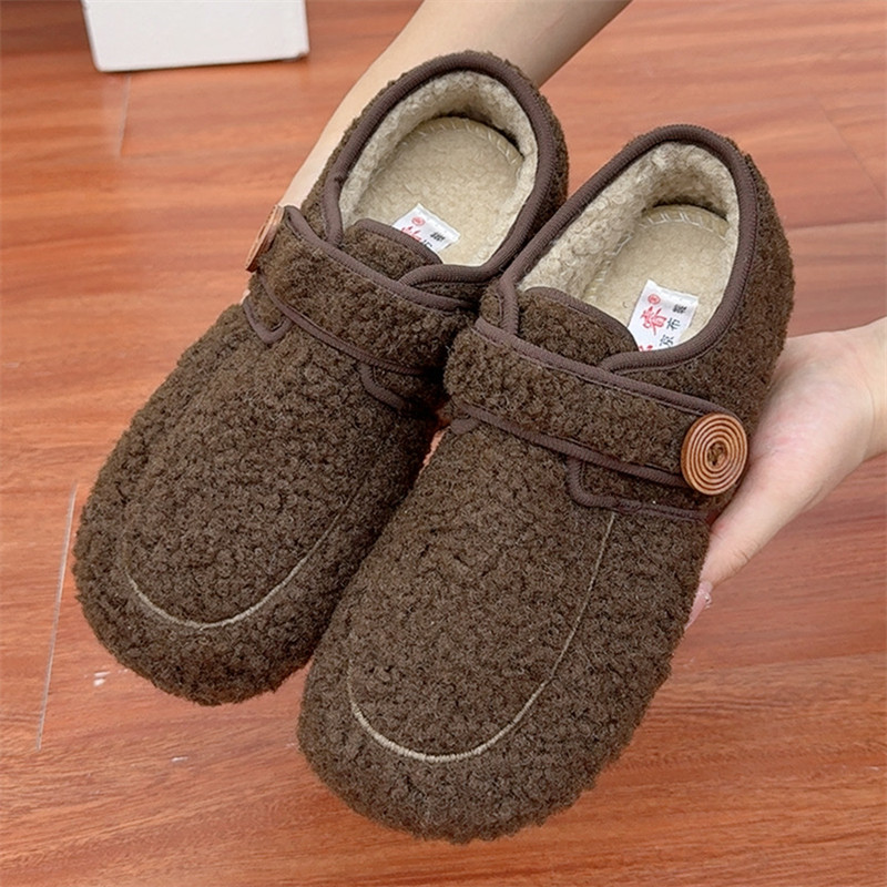 复古加绒平底女棉鞋老北京布鞋可爱圆头博肯鞋毛绒保暖豆豆棉鞋