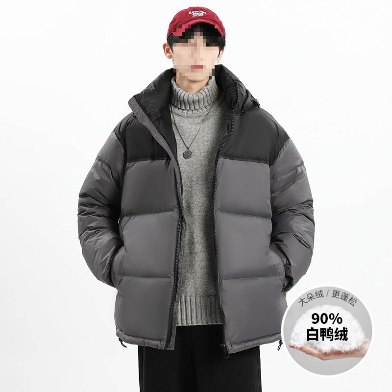 加工男士外套冬季新款拼色连帽加厚保暖90白鸭绒潮情侣